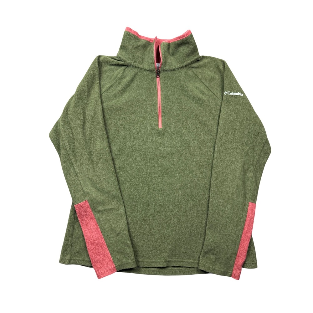 Columbia Women Medium Olive Green Pink Trim Quarter Zip Fleece Pullover Granola